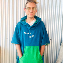 Load image into Gallery viewer, &lt;p&gt;Upcycled from remnant french terry scraps, with a hand fabric painted whimsical stencil print. Lightweight, super flowy, with oversized front pocket and hoodie. It&#39;s a perfect layer of cozy and playful: EASY, TIGER.&lt;/p&gt; &lt;p&gt;Handcrafted with love and intention.&lt;/p&gt;
