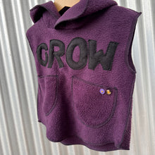 Load image into Gallery viewer, Upcycled from fleece remnant fabric. Pullover with hoodie and pockets. GROW like a tree vibes.&nbsp;

Handcrafted with love and intention.&nbsp;

Upcycled&nbsp;spirit vest
One-of-a-kind
Size 3-4T

Cold wash
Handmade in Santa Cruz, CA
