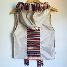 Load image into Gallery viewer, Upcycled from a long dress slip, and hand woven Guatemalan tribal remnant. Oversized hoodie, double button clasp, and a pocket for sweet notes or notions. Exposed stitching for that raw vibe.   Super fly layer of warmth and flare   One-of-a-kind Handmade in Santa Cruz, CA Cold wash
