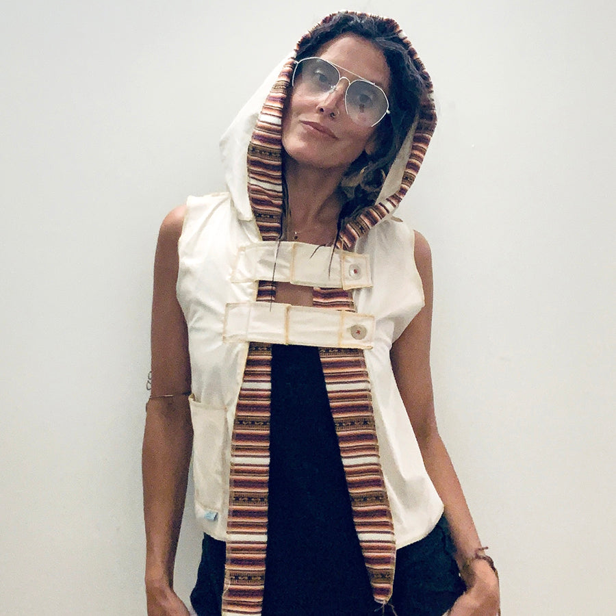 Upcycled from a long dress slip, and hand woven Guatemalan tribal remnant. Oversized hoodie, double button clasp, and a pocket for sweet notes or notions. Exposed stitching for that raw vibe.   Super fly layer of warmth and flare   One-of-a-kind Handmade in Santa Cruz, CA Cold wash