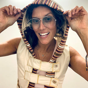 Upcycled from a long dress slip, and hand woven Guatemalan tribal remnant. Oversized hoodie, double button clasp, and a pocket for sweet notes or notions. Exposed stitching for that raw vibe.   Super fly layer of warmth and flare   One-of-a-kind Handmade in Santa Cruz, CA Cold wash