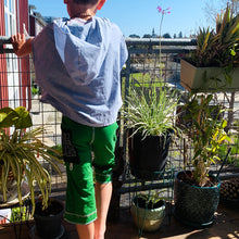 Load image into Gallery viewer, Upcycled from salvaged cotton blend dress, and an IRIECYCLE linocut block print patch on cotton tee for pocket. This fabric has a bit of stretch to it, so its perfect for play and movement! Cord waist string, revealed stitching for color and whimsy. Capris length vibes.&nbsp; &nbsp;
