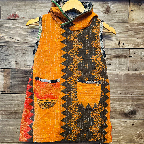 Upcycled from a salvaged vintage hand woven Indian Kantha blanket. Two front pockets and a hoodie - its super lightweight and comfortable, and can be worn as a dress or longer flowy top with leggings. Lots of vibrant color, outside and inside is different and with beautiful detail, super comfortable, it's such a sweet and unique piece!

 Handcrafted with love and intention. 

Upcycled sleeveless dress
One-of-a-kind

Vibrant color vibes
Handmade in Santa Cruz, CA