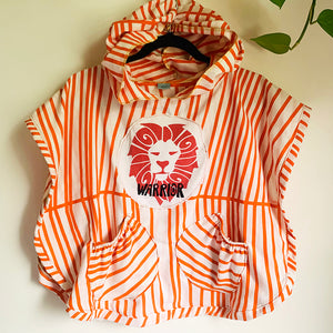 Upcycled from a super fun, cotton bedsheet and "warrior" linocut block print print on salvaged cotton tee, by IRIECYCLE ART. Lightweight and flowy, with oversized hoody. Two  pockets, perfect for treasures. This piece is the perfect lightweight layer of warmth and FIERCE.   Handcrafted with love and intention.  Upcycled poncho Sunny orange vibes One-of-a-kind Oversized hooded poncho Handmade in Santa Cruz, CA