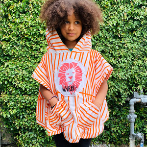 Upcycled from a super fun, cotton bedsheet and "warrior" linocut block print print on salvaged cotton tee, by IRIECYCLE ART. Lightweight and flowy, with oversized hoody. Two  pockets, perfect for treasures. This piece is the perfect lightweight layer of warmth and FIERCE.   Handcrafted with love and intention.  Upcycled poncho Sunny orange vibes One-of-a-kind Oversized hooded poncho Handmade in Santa Cruz, CA