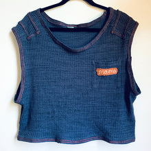 Load image into Gallery viewer, Upcycled from a well loved Michael Stars adult long sleeved top, and a hand embroidered patch by GearDahl. Edged with bits from the sleeves themselves and raw stitching, loose fit and a super comfortable layer of fun!     Handcrafted with love and intention.   One-of-a-kind Front chest pocket for special notions and notes Mama vibes Handmade in Santa Cruz, CA

