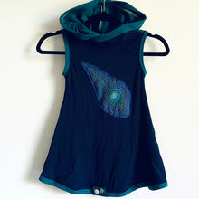 Load image into Gallery viewer, Upcycled from organic cotton remnant scrap and a Synergy Organic embroidered patch. Super comfortable, extremely soft and cozy, with an oversized hoodie for that extra layer of warmth.   Handcrafted with love and intention.   Upcycled sleeveless dress One-of-a-kind Peacock vibes Handmade in Santa Cruz, CA
