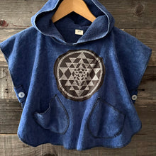 Load image into Gallery viewer, Upcycled from a barely used (if at all) french terry towel, an organic cotton graphic tee, and salvaged buttons. Super lightweight with hoodie. Front pockets for your special little finds. Perfect layer of warmth and cozy, poolside, beachside, ANY side!&nbsp;  Handcrafted with love and intention.  Sacred Geometry vibes One-of-a-kind  Handmade in Santa Cruz, CA
