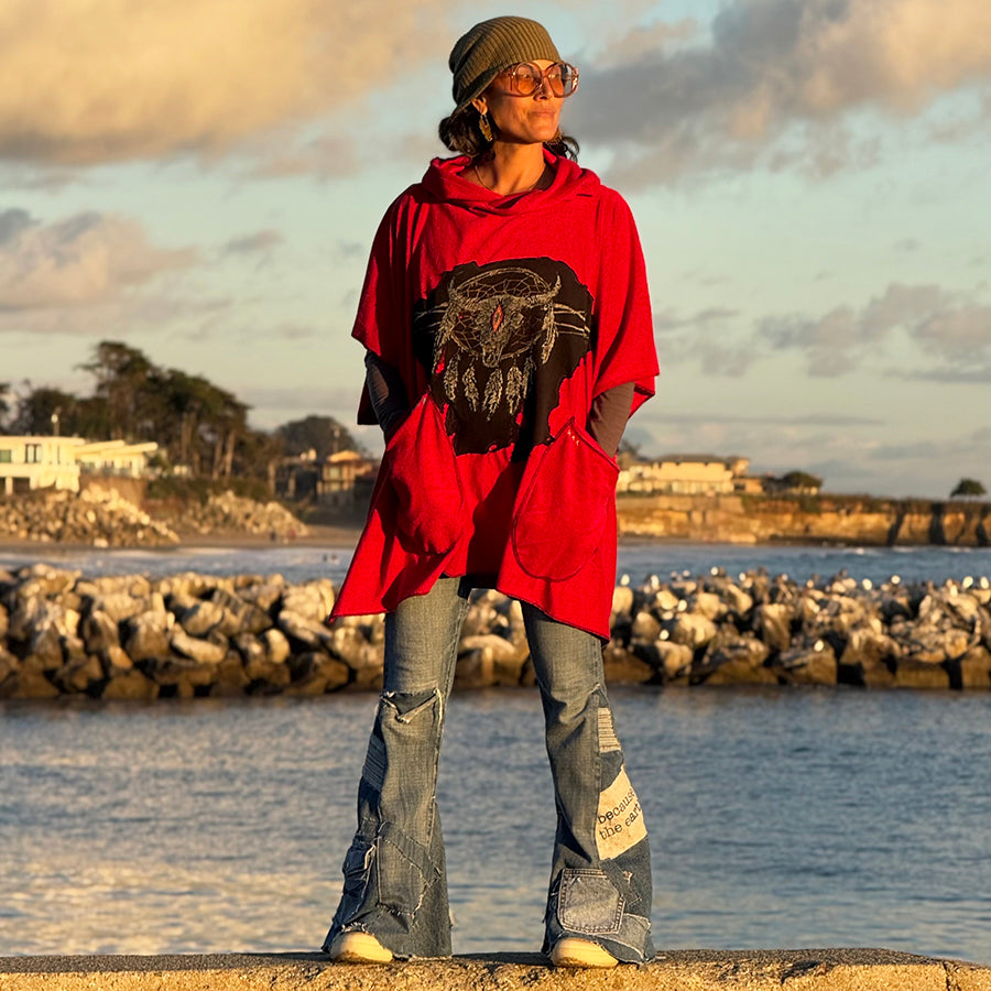 Upcycled from  french terry remnant, and salvaged graphic from a cotton jersey top. Lightweight, super flowy, with oversized front pockets and hoodie. A perfect layer of cozy.

Handcrafted with love and intention.


Upcycled poncho
Western vibes
One-of-a-kind
Cold wash
Handmade in Santa Cruz, CA