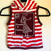 Load image into Gallery viewer, Upcycled from adult cotton holiday pajamas, a Shari Elf kids graphic tee, and salvaged button. A cute little layer of love, with a small pocket for treasures.  Handcrafted with love and intention.   Upcycled and one-of-a-kind A little pocket for treasures Lightweight Handmade in Santa Cruz, CA Cold wash
