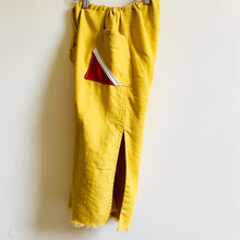 Load image into Gallery viewer, &lt;p&gt;Upcycled from yellow denim cotton adult skirt, and cotton hoodies. Cord tie waistband, adjustable and can be worn as long pants for small size, and as capris for bigger size. Side slits at bottoms on pant legs for flowy vibes, and two pockets for all the magical treasures.&nbsp; &nbsp;&lt;br&gt;Handcrafted with love and intention.&lt;/p&gt; &lt;ul&gt; &lt;li&gt;Handmade in Santa Cruz, CA&lt;/li&gt; &lt;li&gt;One-of-a-kind&lt;/li&gt; &lt;li&gt;Soft denim cotton&lt;/li&gt; &lt;li&gt;Size 3-5T&lt;/li&gt; &lt;li&gt;Sunshine vibes&lt;/li&gt; &lt;/ul&gt;
