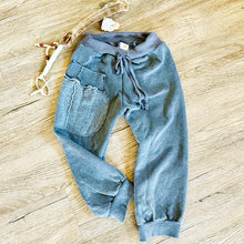 Load image into Gallery viewer, Upcycled from a well loved cotton jersey top and cotton stretch tee. Funky fresh and comfortable. Always comfortable! String tie enforced waistband.&nbsp;  Handcrafted with love and intention.  Handmade in Santa Cruz, CA One-of-a-kind Size 4-5T Cool cat on the playground vibes
