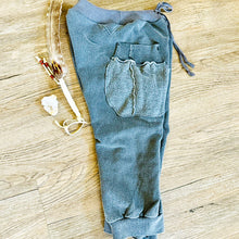 Load image into Gallery viewer, Upcycled from a well loved cotton jersey top and cotton stretch tee. Funky fresh and comfortable. Always comfortable! String tie enforced waistband.&nbsp;  Handcrafted with love and intention.  Handmade in Santa Cruz, CA One-of-a-kind Size 4-5T Cool cat on the playground vibes
