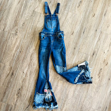 Load image into Gallery viewer, Upcycled from salvaged super stretch denim overalls, super colorful denim scraps, and hand stitching for added whimsy. More denim scraps as added embellishments and fun and unique detail. Base jeans are Cat &amp; Jack, youth size 10/12, and in excellent condition! Intentional distress, fun denim bits and pieces fabric, this piece is super cute! Medium-flared bottoms.&nbsp;
