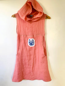 Upcycled from remnant gauze cotton fabric and hand printed mushroom patch. Oversized "kanga" pocket goes all the way down to the bottom of dress for maximum magical storage of love and treasures! Super comfortable, extremely soft and flowy, with a hood for that extra layer of cozy.   Handcrafted with love and intention.   Upcycled sleeveless dress One-of-a-kind Oversized front "kanga" pouch pocket Growing/mushroom vibes Handmade in Santa Cruz, CA