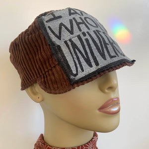 One of a kind design elements and embellishments upcycled from salvaged remnant fabric scraps, and hand sewn in Santa Cruz, CA. 100% cotton cap, handmade in Bali.   High vibration elements  Brown corduroy cap Block print patch by Iriecyclearts 100% cotton US size 7 1/2" *  Wash cold, hang dry *see size chart for detailed measurement