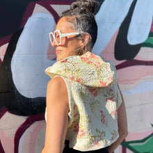 Load image into Gallery viewer, Upcycled from floral vintage quilt. Super cozy, lightweight, comfortable, classy.   Handcrafted with love and intention.   Handmade in Santa Cruz, CA One-of-a-kind Super lightweight  Oversized hoody Cozy and classy layer of warmth Bolero vest style Cold wash, hang dry
