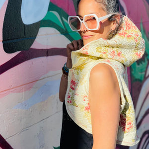 Upcycled from floral vintage quilt. Super cozy, lightweight, comfortable, classy.   Handcrafted with love and intention.   Handmade in Santa Cruz, CA One-of-a-kind Super lightweight  Oversized hoody Cozy and classy layer of warmth Bolero vest style Cold wash, hang dry