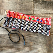 Load image into Gallery viewer, Roll up crayon pouch upcycled from a vintage Kimono top. Perfect little set of 10 premium quality Faber-Castell brilliant beeswax crayons. Rolls up perfectly for on-the-go, throw it in a bag and take it with you for your little artist to make art anywhere! These crayons are extra thick, break resistant, and have a triangular shape perfect for learning proper grip.   Pouch handcrafted with love and intention. 
