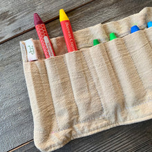 Load image into Gallery viewer, Roll up crayon pouch upcycled from Peruvian woven pants. Perfect little set of 11 premium quality Faber-Castell brilliant beeswax crayons. Rolls up perfectly for on-the-go, throw it in a bag and take it with you for your little artist to make art anywhere! These crayons are extra thick, break resistant, and have a triangular shape perfect for learning proper grip.   Pouch handcrafted with love and intention. 

