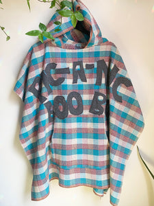 Upcycled from a tablecloth remnant and cotton t-shirt. Olk Skool Yogi Bear vibes. Wanna go on a pic-a-nic boo boo?  Handcrafted with love and intention.  Upcycled poncho One-of-a-kind Hooded poncho ALL SIZE Handmade in Santa Cruz, CA