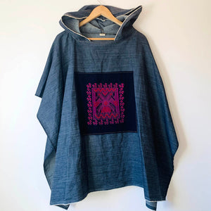 Upcycled from Japanese Selvedge jean remnant and vintage Guatemalan tapestry.   Handcrafted with love and intention.  Upcycled poncho One-of-a-kind Oversized hooded poncho ALL SIZE Handmade in Santa Cruz, CA