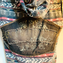 Load image into Gallery viewer, Upcycled from an adult button down cotton shirt, wool sweater, block print patch by Iriecycle Arts, and distressed Eagle graphic piece off of an adult hoody. Perfect, lightweight layer of warmth and flare.   &quot;Free Bird&quot; vibes Button clasp Light + comfortable One-of-a-kind Size 6-9 kids Handmade in Santa Cruz, CA
