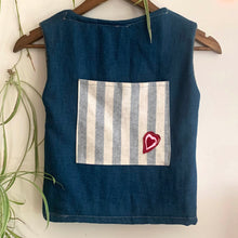 Load image into Gallery viewer, Upcycled from linen/cotton pillowcases, salvaged &quot;LOVE&quot; graphics from cotton tee, lined with french terry for warmth and comfort.    Handcrafted with love and intention.   Button clasp Backpack pocket* Large pockets for treasures Handmade in Santa Cruz, CA Size 5/6T Cold wash, hang dry * Monkey not included. xo
