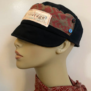 One of a kind design elements and embellishments upcycled from salvaged remnant fabric scraps, and hand sewn in Santa Cruz, CA. 100% cotton cap, handmade in Bali.   Conscious message: Take courage  Native print graphic Black colored cap Button embellishments 100% cotton US size 7 1/8" *  Wash cold, hang dry *see size chart for detailed measurement