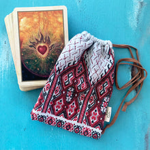 Load image into Gallery viewer, Upcycled from vintage Batik remnant fabric. Perfect to carry your favorite tarot deck / special cards with you, or store in.   Handcrafted with love and intention.   Handmade in Santa Cruz, CA One-of-a-kind Vintage Batik fabric Fits standard size small tarot cards Adjustable tie strap Cold wash, hang dry
