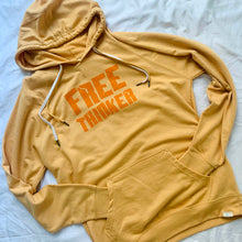 Load image into Gallery viewer, Adult hooded sweatshirt, hand screen printed with orange ink.   Independent Trading Company (unisex fit) Loopback terry fabric Antique silver eyelets Double shoelace drawcords w/ antique silver metal tips Lightweight  Hand screen printed by hand in Santa Cruz, CA Super limited run
