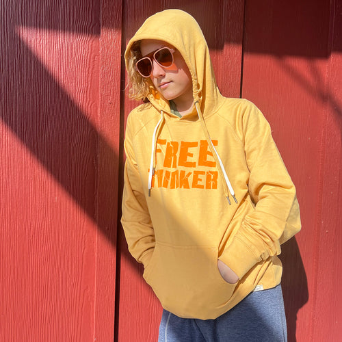 lilzen works of heART: FREE THINKER  May you stand in your power, and generate ideas and thoughts of your own, undiluted by prejudices of society. May you hold the ability to think without bias, question without fear and speak without regret.  Adult hooded sweatshirt, hand screen printed with orange ink.   Independent Trading Company (unisex fit) Loopback terry fabric Antique silver eyelets Double shoelace drawcords w/ antique silver metal tips Lightweight 